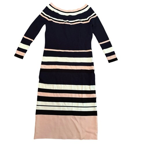 ELIZA J | Pink/Navy Striped Off-The-Shoulder Rib Knit Midi Dress size Medium NEW - Picture 12 of 13