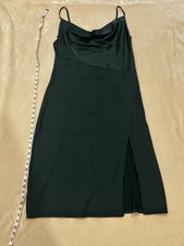Green Satin Midi Slip Dress Cowl Neck Strappy Sleeve Slit Size M