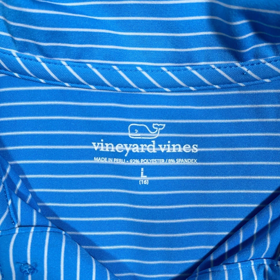 Camisa polo de golf Vineyard Vines para niños L (16) azul a rayas logotipo de ballena elástica #AB432 Foto 4 de 4