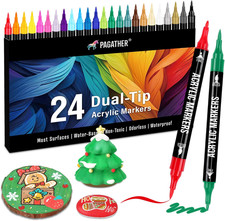 24 Colors Acrylic Paint Markers, Dual Tip w/ Fine Tip Brush Tip Pens for Stone