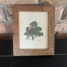 Vintage Framed Cross Stitch Apple Tree Scene Folk Art Primitive Farmhouse Décor