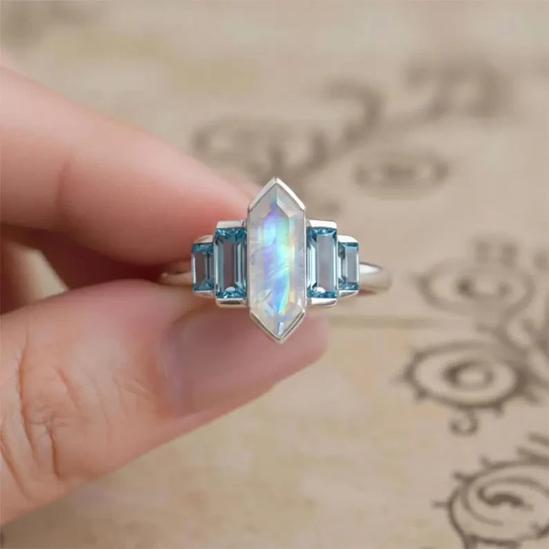Rainbow Moonstone Blue Topaz Sterling Silver Ring | Art Deco Statement Jewelry View 6