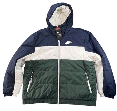 New Nike Sportswear Hooded Synthetic Fill Jacket Navy Blue White Green 2XL XXL