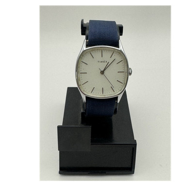 Rare Vintage Timex Cushion Silver Case White Dial Blue Nylon Strap, running 
