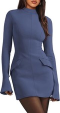 Women's Fall Long Sleeve Mock Neck Dress Basic Party Club Bodycon, Size Medium