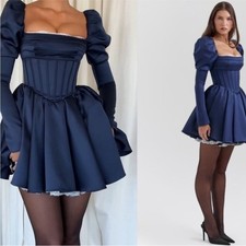House of CB Venetia Midnight Satin Puff Sleeve Mini Dress Midnight Blue XS NWOT