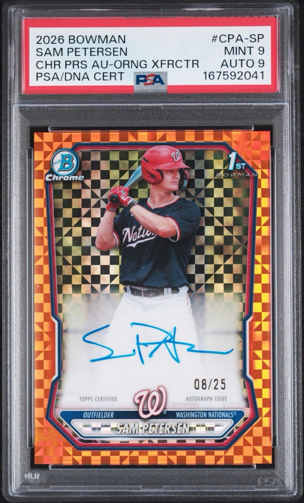 Topps Bowman 2026 Sam Petersen Nationals CPA-SP Orange X-Fractor Auto PSA 9/25