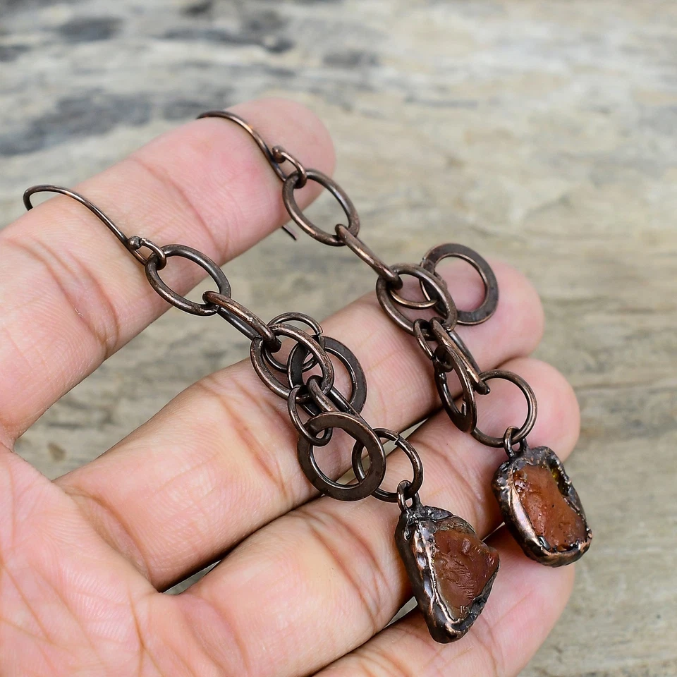 Pendientes colgantes de cornalina natural de cobre áspero bisel electroformado joyería Foto 4 de 4