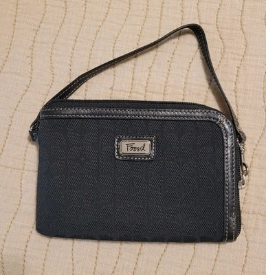 Fossil Black Canvas Leather Coin / Key Wallet Zipper Close Purse Bag Excellent!
