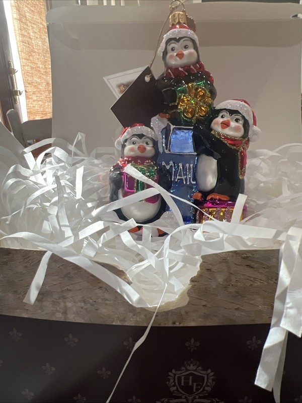 Huras Family Hand Blown Ornament Made In Poland - 3 Penguins Near The Mailbox
