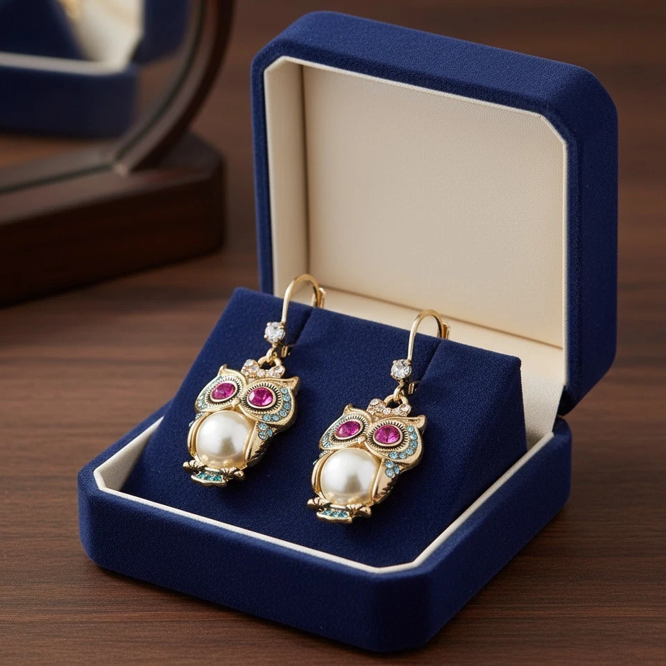 Pendientes colgantes Betsey Johnson perla búho - Acentos de piedra mixta Critter tono dorado Foto 3 de 4