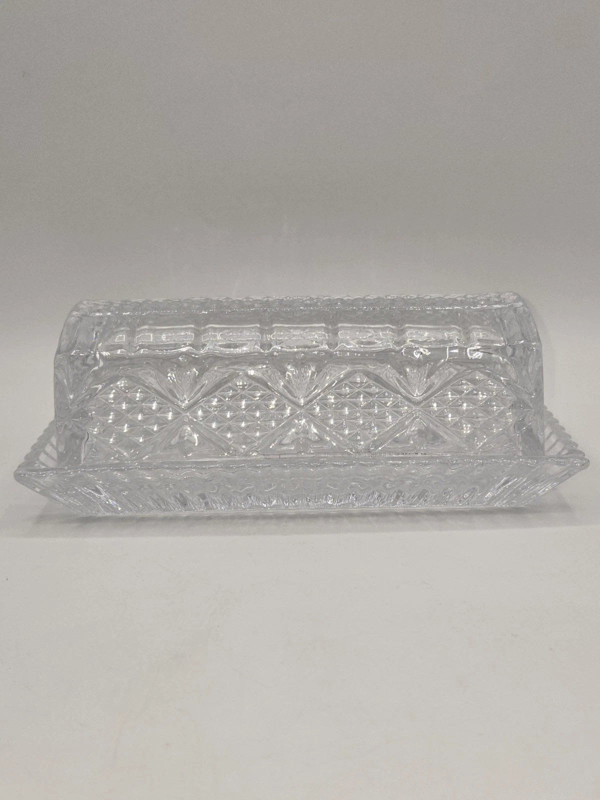 Vintage Pressed Glass Butter Dish Clear Glass Covered Dish Starburst Diamond Cut