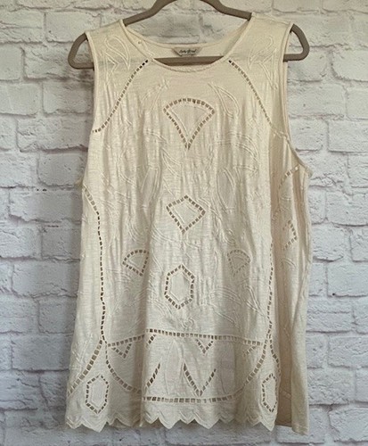 XL/1X Lucky Brand Ivory Cotton Knit Eyelet Cut-Out Lace Tank Top Tee Cami