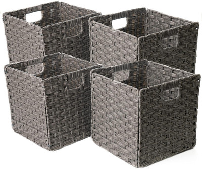 Foldable Synthetic Plastic Wicker Storage Basket with Iron Wire Frame by  (Set o