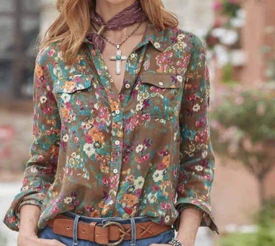 NEW Sundance Catalog FLORAL JOY BUTTONDOWN Shirt Top Blouse Olive PS