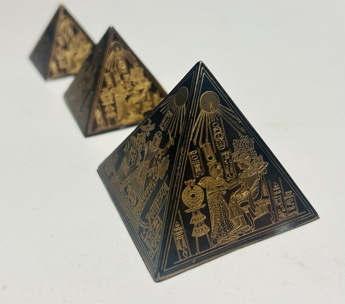 Set 3 Vintage Egyptian Pyramid Hieroglyphics Paperweight Etched