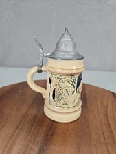 Vintage West Germany Stoneware Beer Stein Cobalt Blue and Green With Pewter Lid