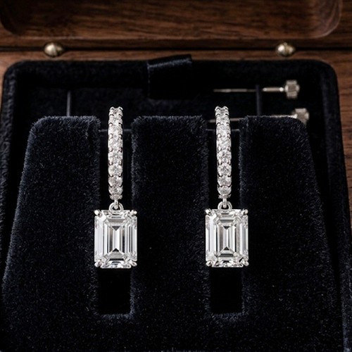 2.30 TWC Emerald Cut Moissanite Hinged Back Women Earrings 14K White Gold Plated