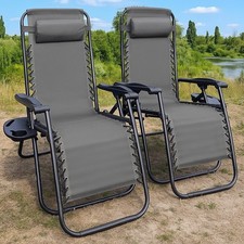 Image of Foldable 2X Zero Gravity Set of 2 Cup Holder Chairs Garden w/Headrest Outdoor