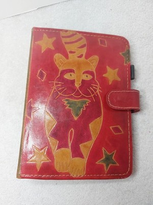Vintage 1995 Tooled Leather Cat Planner Organizer 6-Ring Binder Celestial Stars 