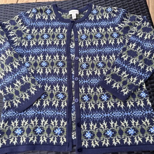 Appleseed's L Fair Isle Floral Knit Cardigan Sweater Blue Cottage Nordic Spring