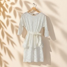 Isadora Dress Women  Medium Beige Floral Crochet Sheath Midi Lined Belted Rayon