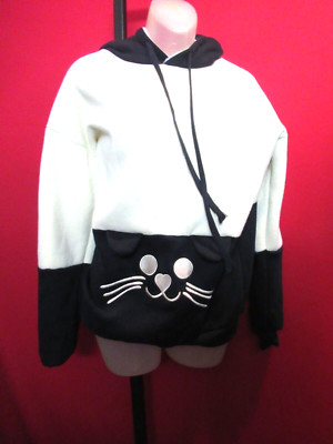 Women's White Black Fleece Kitty Kitten Cat Face Jacket Large coat Hooded