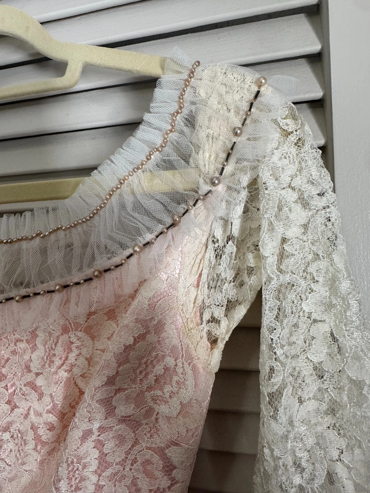 OFF WHITE Abito da sposa vintage anni 50 bianco sporco rosa pizzo raso velo perline treno 30"