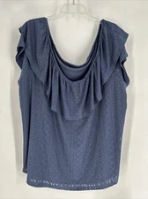 Lane Bryant Top Womens Size 26/28 Slate Blue Eyelet Ruffle Slubbed Blouse Shirt