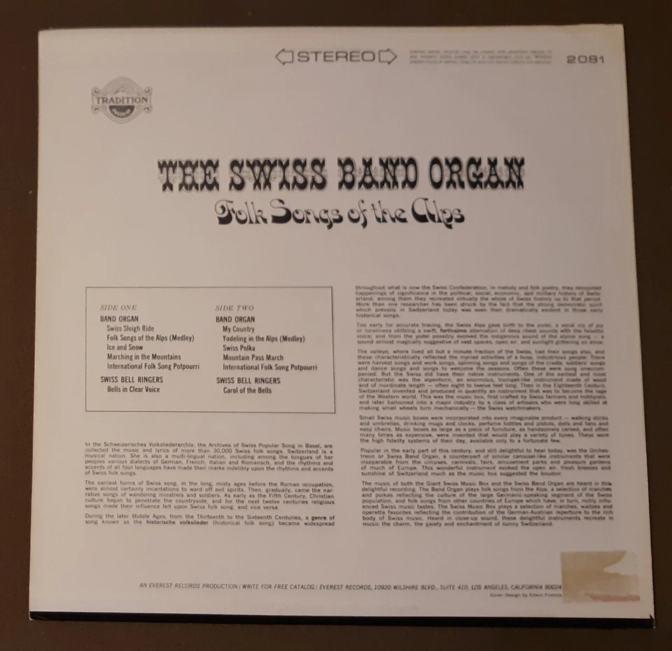 Swiss Band Organ Folk Songs of the Alps by Tradition Records 33rpm VINYL LP Foto 3 de 3