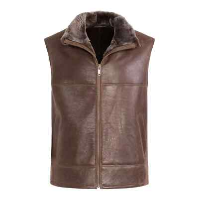 Men's Brown Real Sheepskin WaistCoat Genuine Shearling Leather Vest