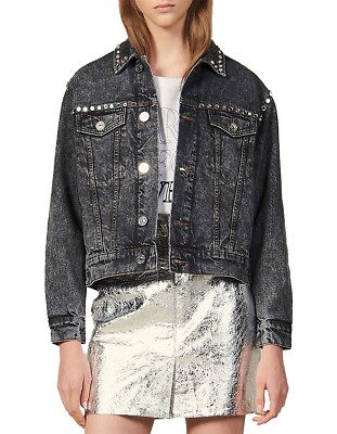 SANDRO Mirrored Studded Black Washed Denim Jeans Jacke Baumwolle Größe 40 L