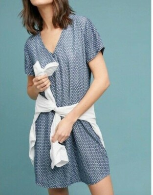 Anthropologie Cloth Stone Printed Chambray Justine Dress Blue Womens  XS