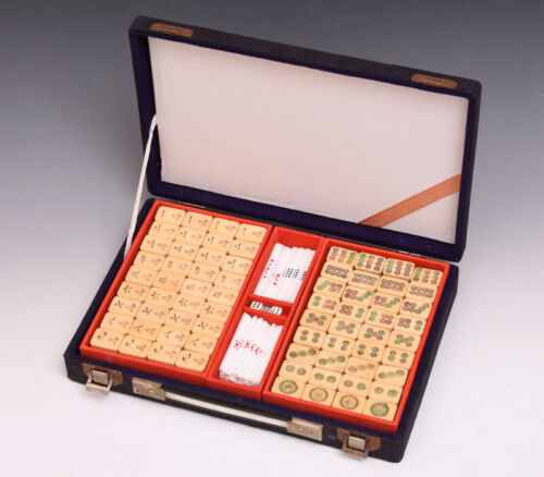 Mahjong Bone Bamboo Tiles Old Toys Tabletop Game Pie Wood Crafts w/ Original Box - Picture 1 of 20