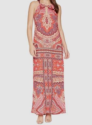 $290 Hale Bob Women's Red Mosaic Printed Satin Sleeveless Maxi Dress Size S