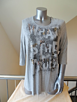 Shirt von Atelier goldener Schnitt in Grau Aufschrift/Pailetten bestickt Gr.50