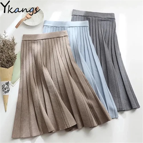 Women Knitted Midi Skirt Black A-Line High Waist Elegant Pleated Long Skirt - Picture 5 of 20