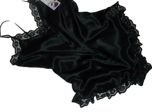 BLACK shiny SATIN CAMI KNICKER TEDDIE COMBINASION black lace new Made in France - 第 1/1 張圖片