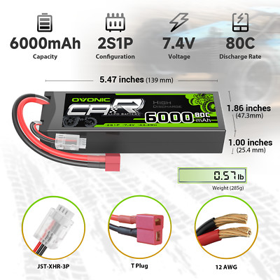 2X Ovonic 7.4V 80C 6000mAh 2S LiPo Battery Deans for RC Car Truck Buggy crawler