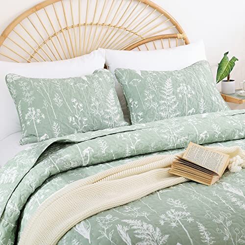Quilts Size Quilt Botanical with Floral Pattern Microfiber Queen Sage Green - Picture 5 of 8