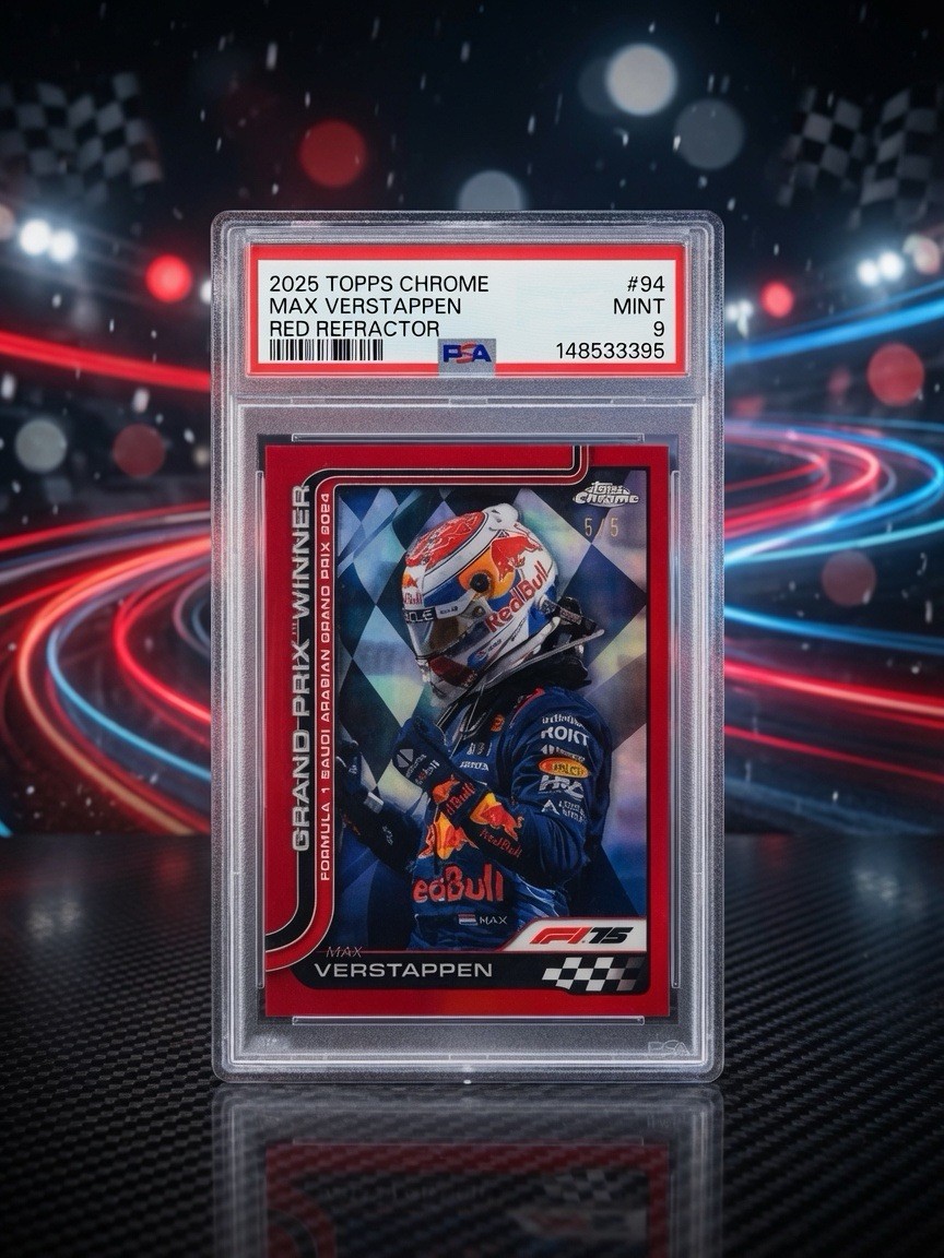 2025 Topps Chrome F1 Max Verstappen #94 Grand Prix Winner Red Refractor 5/5 PS 9 view 1