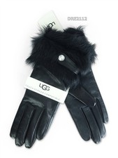 UGG Valentina Swarovski Black Leather Fur Gloves Womens Size Medium M NWT