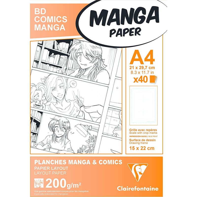 Bloc dessin A4 manga et comics avec papier imprimé à repères de découpe 21x29,7