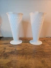 Vtg. Anchor Hocking Hobnail & Bars White Milk Glass Trumpet Fluted Pedestal Vase