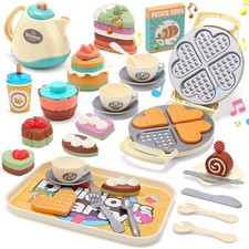 Kids Tea Party Playset with Toy Waffle Maker, Light and Music, Teapot, Cups