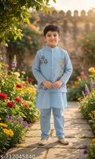 Boys Three-Piece Ethnic Suit: Sky blue Kurta Pajama with Floral Waistcoat