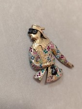 Antike 925 Silber Brosche Harlekin/Pierrot mit bunten Steinen, Goldfarben