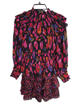 Farm Rio Iridescent Leopard Black Ruffled Mini Dress Size XXS Floral NWT