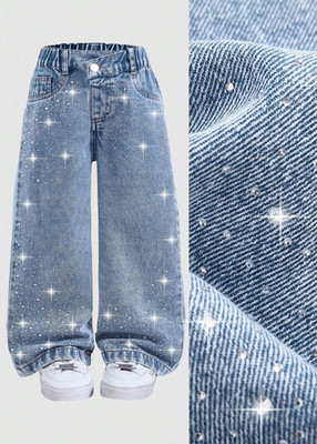 Mädchen Jeans Denim blau Gr.116 weites Bein Glitzer elastischer Bund Knopf