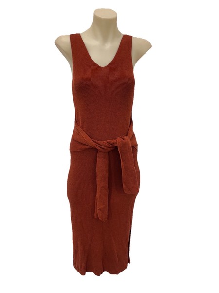 Country Road Midi Knit Dress Women XXS (AU 6) Maroon Waist Tie Ribbed Stretch